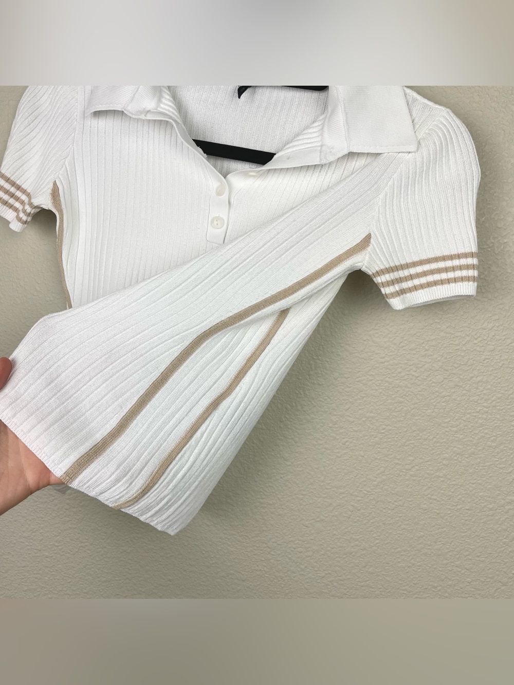Rag & Bone Women's Small Peyton Rib Polo Top White Tan Trim Minimalist Fitted - Picture 5 of 15